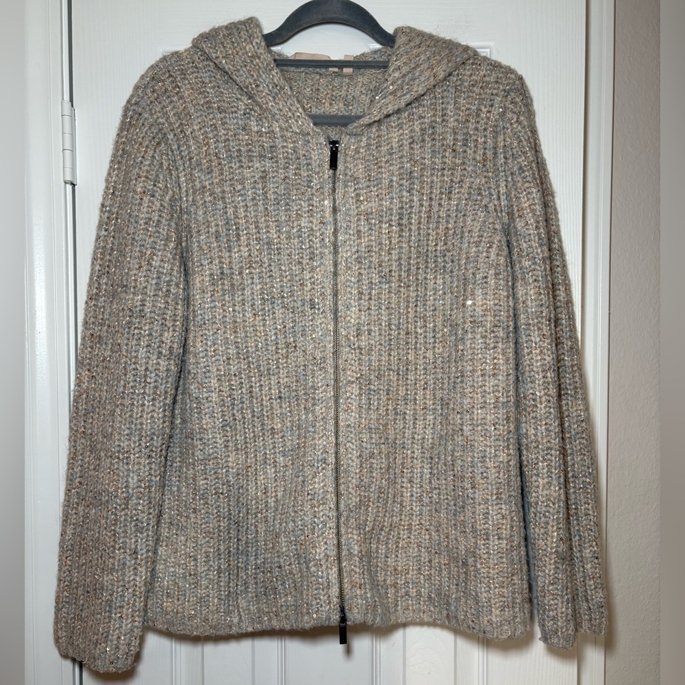 Soft Surroundings Chandra Hoodie Sweater Zip‎ Cardigan Gray Blue Sparkle Medium